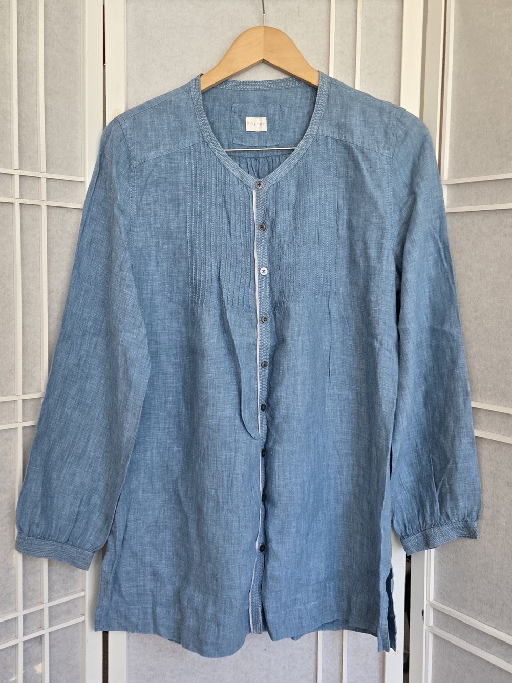 Poetry Sky Blue Linen Pintuck Button-Front Tunic